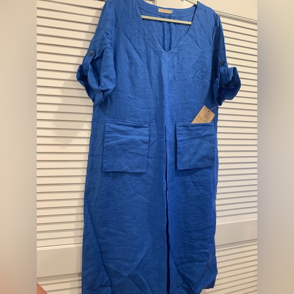 NWT Vilani Lagenlook Chores pockets linen maxi straight dress size XL